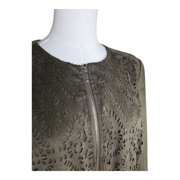 Carmen Marc Valvo Olive Faux Suede Laser Cut Zip Jacket Size 8 Boho Chic - Picture 2 of 8
